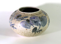 CAT J9iv, Small squat round   bowl:jar, cream glaze, cobalt and rutile overglaze, stoneware