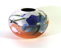 CAT J9i, Small squat round jar, dry red engobe bottom half copper, cobalt and overglaze, 1991, midfire