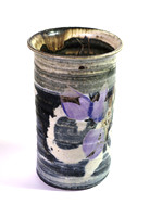 CAT J12ix, Glazed cylinder, engobes, wax, blue overpainting, creams, 1980,  stoneware