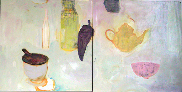 CAT 626, Akuna Lime and Cream Still Life​​​​​​​, 2panels of 3, 2010, oil on board,, 60X120cm