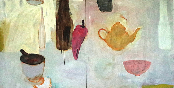 CAT 626, Akuna Lime and Cream Still Life, 2 panels of 3, 2012. oil on board, 60X120cm