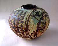 CAT J1 Round incised jar, c1978, stneware dry glaze