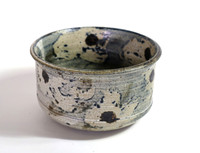 CAT J15iv, Medium bowl, wax, soft grey-blue slip, cream glaze, dark iron dots, stoneware