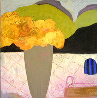 CAT 639 Golden Yellows in Grey Vase with Landscape, 2017, oil on board, 60X60cm.JPG