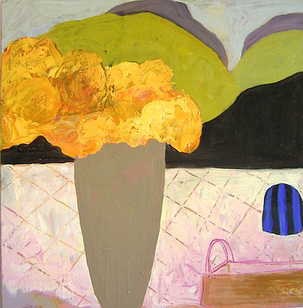CAT 639 Golden Yellows in Grey Vase with Landscape, 2017, oil on board, 60X60cm.JPG