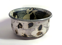 CAT J15iii, Medium bowl, wax, soft grey-blue slip, cream glaze, dark iron dots, stoneware