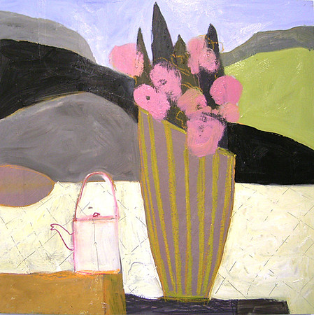CAT 641 Striped Vase with Cyprus and Pinks in Landscape, 2017, oil on board, 60X60cm.JPG